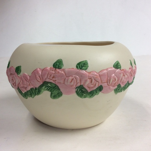 Vintage Round Rose Floral Ceramic Pot Vase - Picture 2 of 8